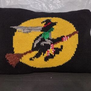 Vintage Halloween Black Knit Sweater Throw Pillow with Witch and Spider Design